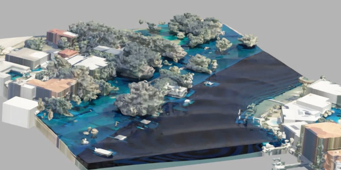 Three-dimensional CFD simulation of waves and flooding moving through a coastal neighborhood of buildings and trees