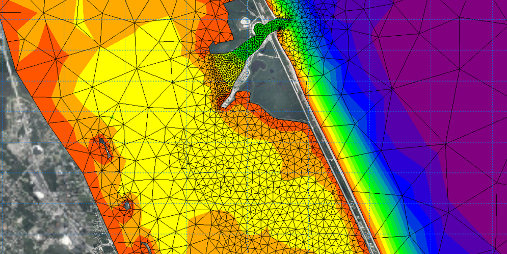 Color-coded bathymetry map with a triangular mesh of a coastal inlet and barrier island, used for hydrodynamic modeling