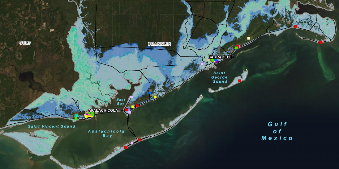 Map of Franklin County, Florida showing critical community facilities and flood inundation scenarios along the Gulf coast