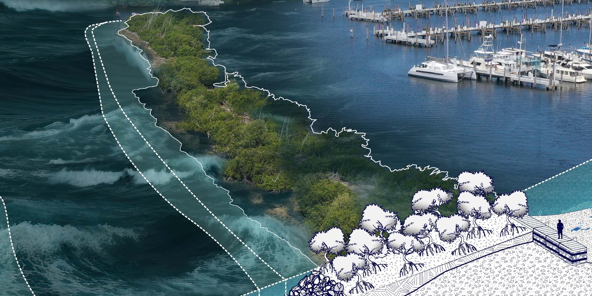 Collage of a storm-driven sea meeting a mangrove shoreline and marina, overlaid with a nature-based shoreline cross-section