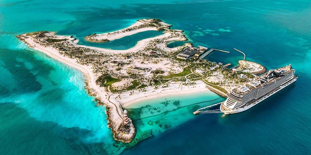 Aerial view of Ocean Cay with a cruise ship docked
