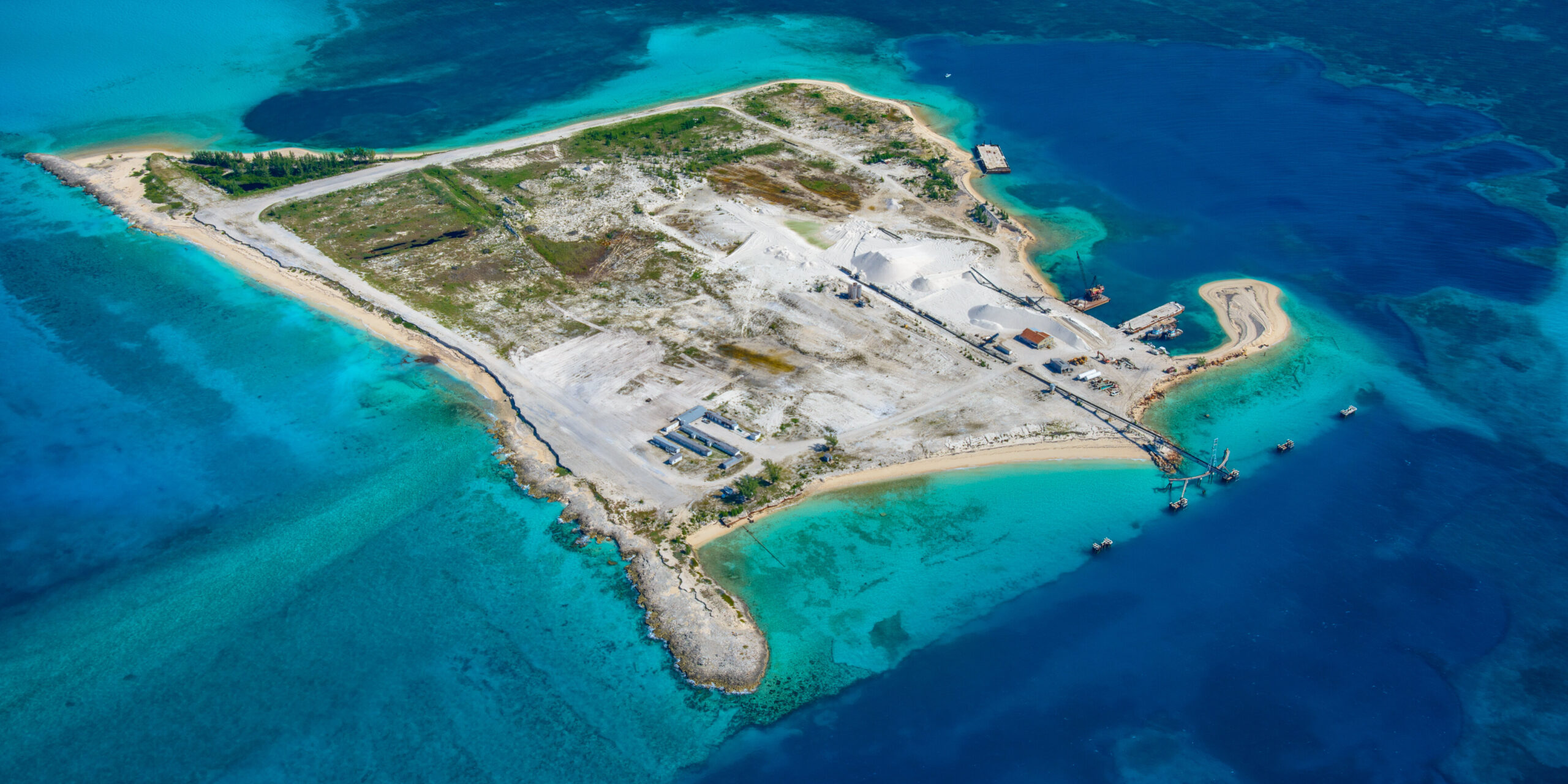 Aerial view of beach construction at Ocean Cay