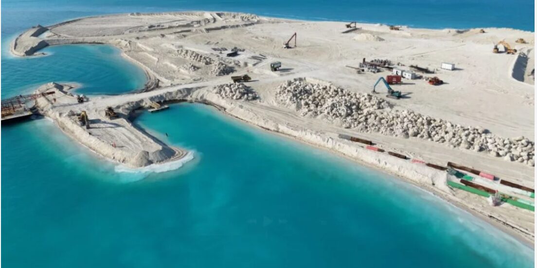 Aerial view of a stabilized Ocean Cay shoreline