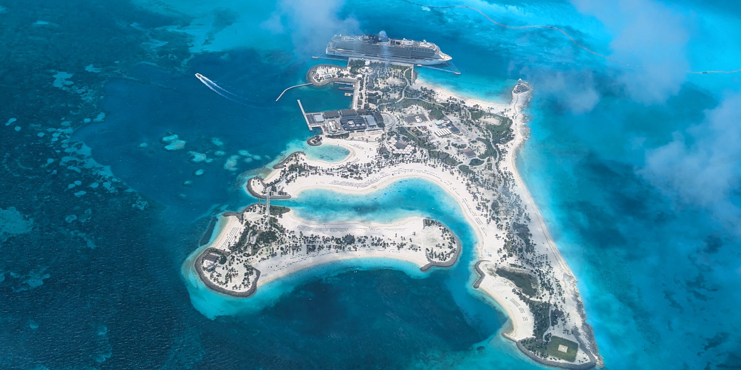 Aerial view of Ocean Cay and its surrounding reef