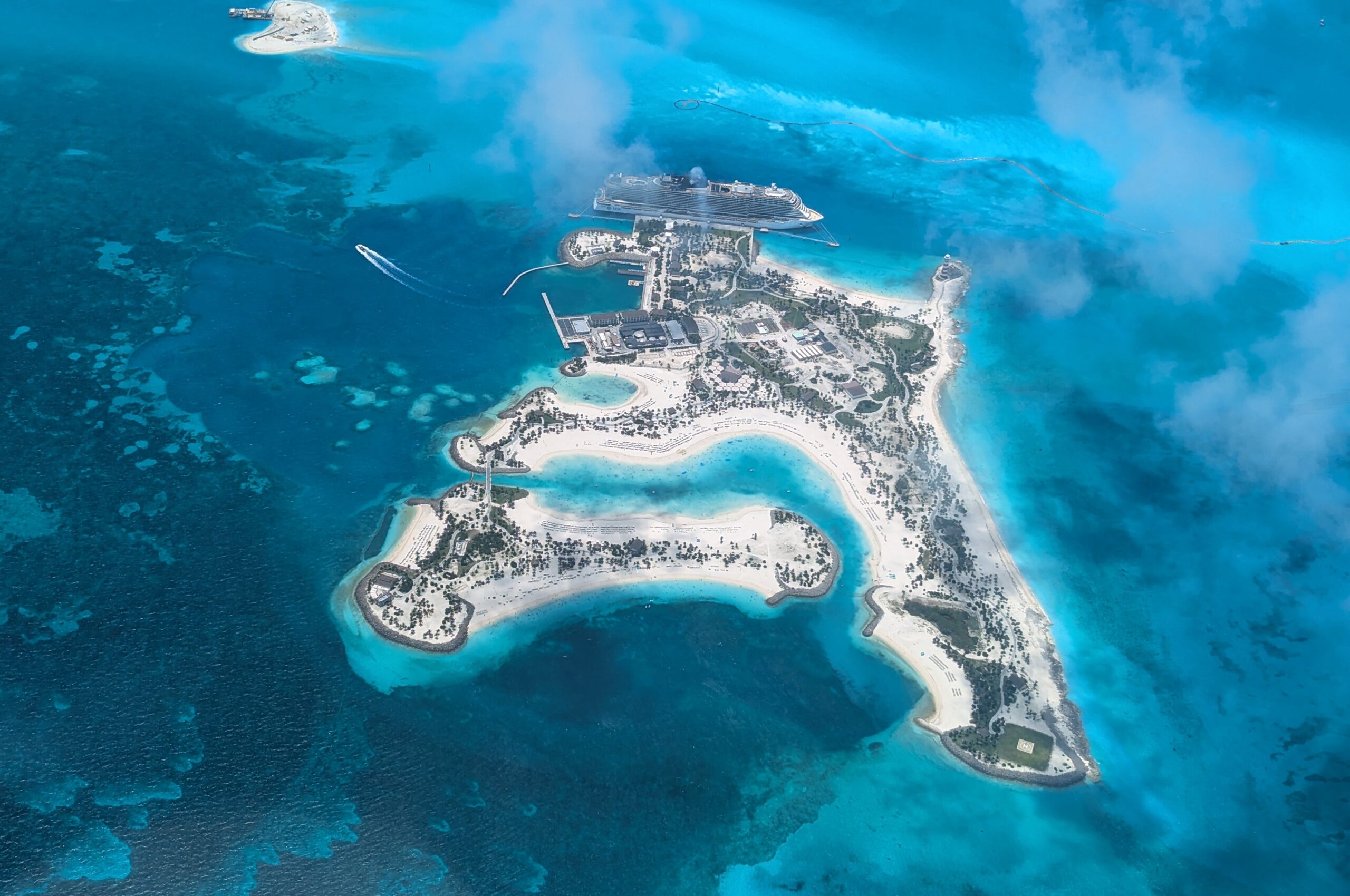 Aerial view of Ocean Cay surrounded by turquoise water