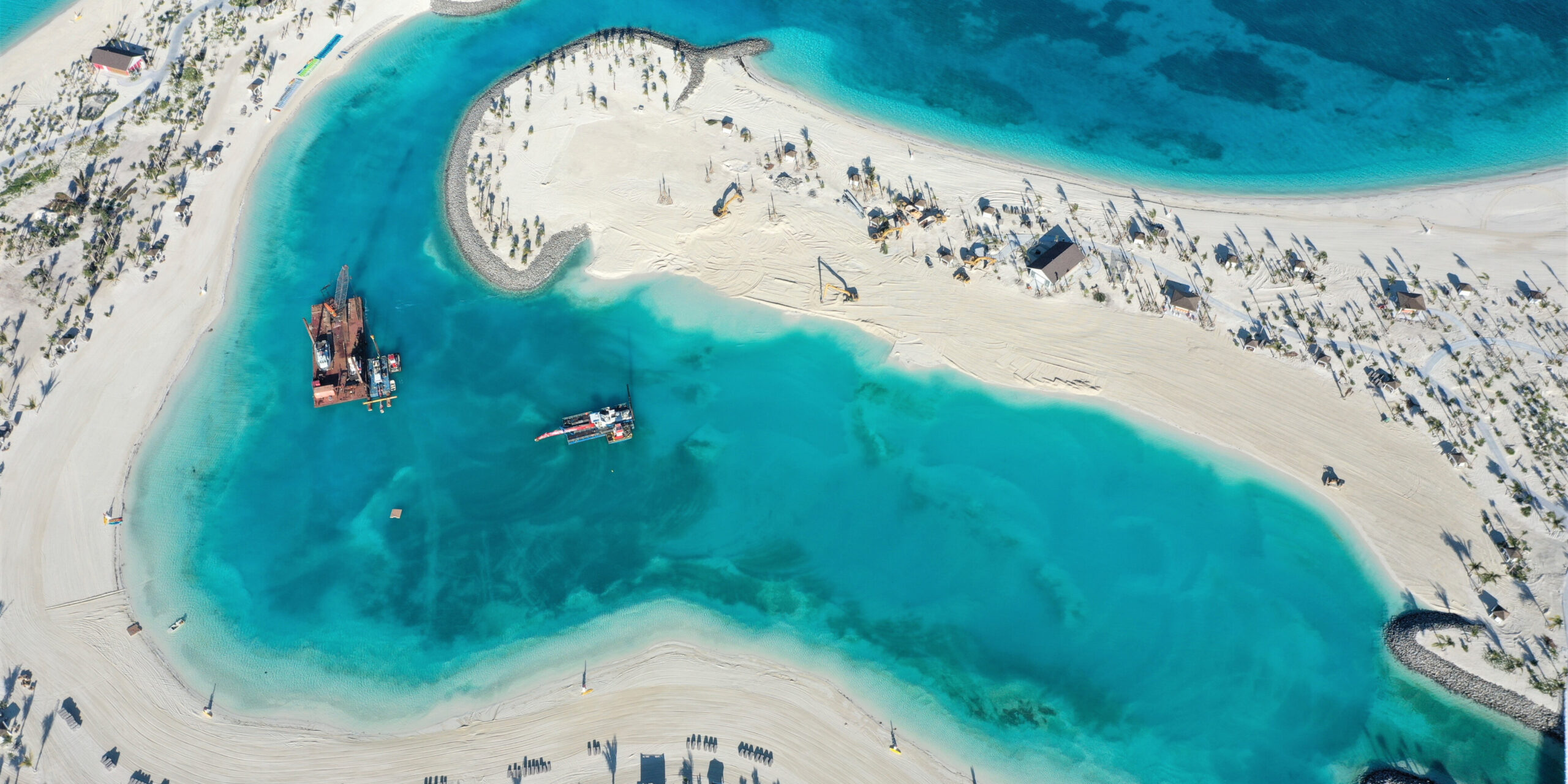 Aerial view of dredging in an Ocean Cay lagoon